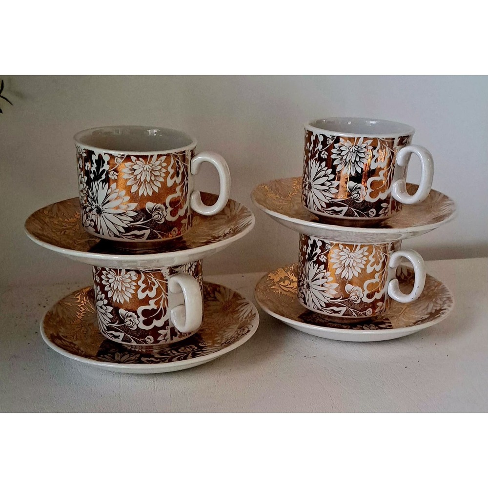 Georgia Royal Tudor Ware 4 Cups & Saucer Set Ironstone Staffordshire England